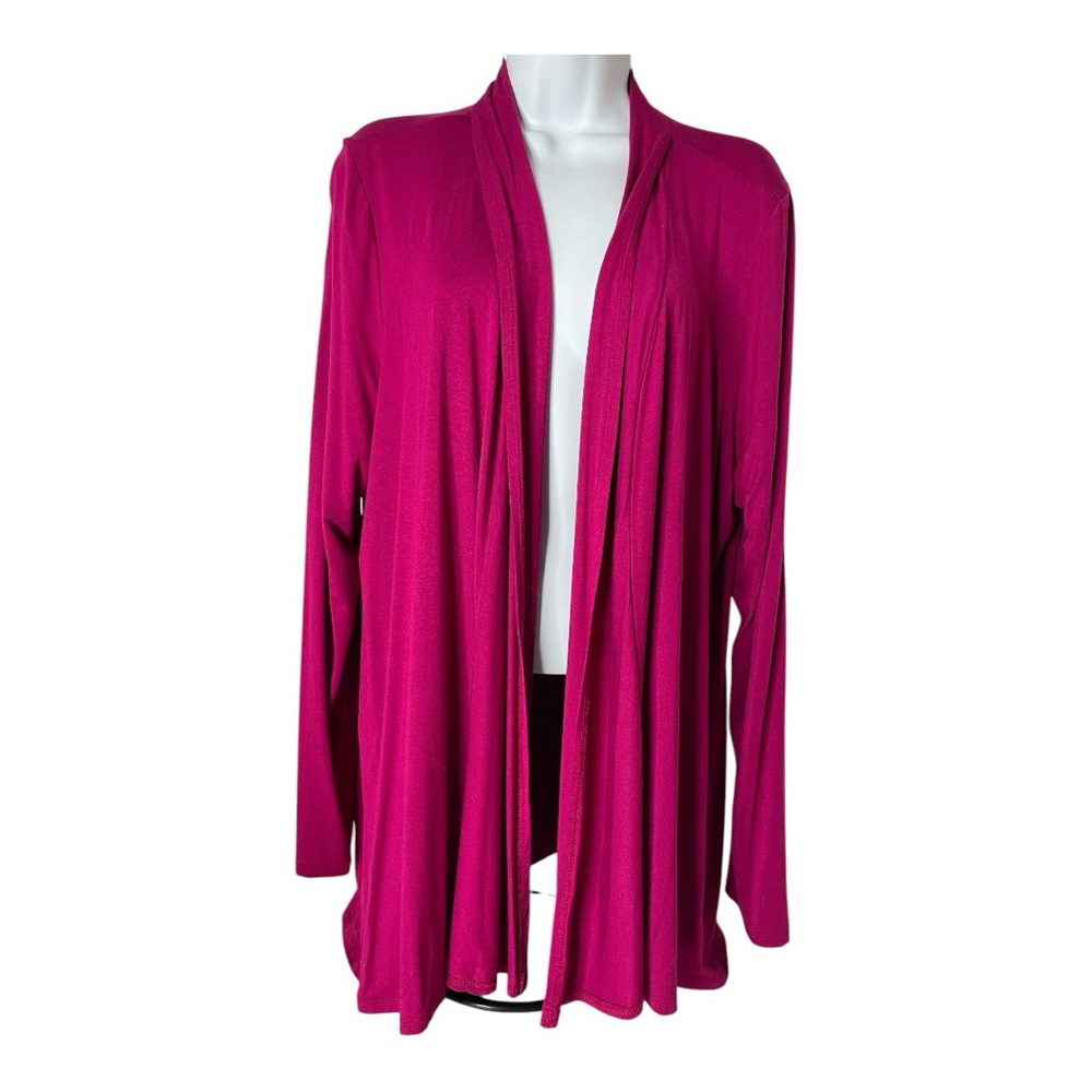 LOGO Lori Goldstain Open Front Draped Cardigan Pockets Raspberry Sz XL